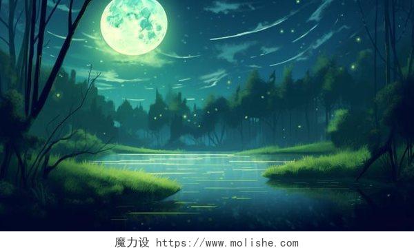 森林里的月亮治愈唯美插画电脑唯美壁纸森林月亮夜晚插画唯美夜景风景
